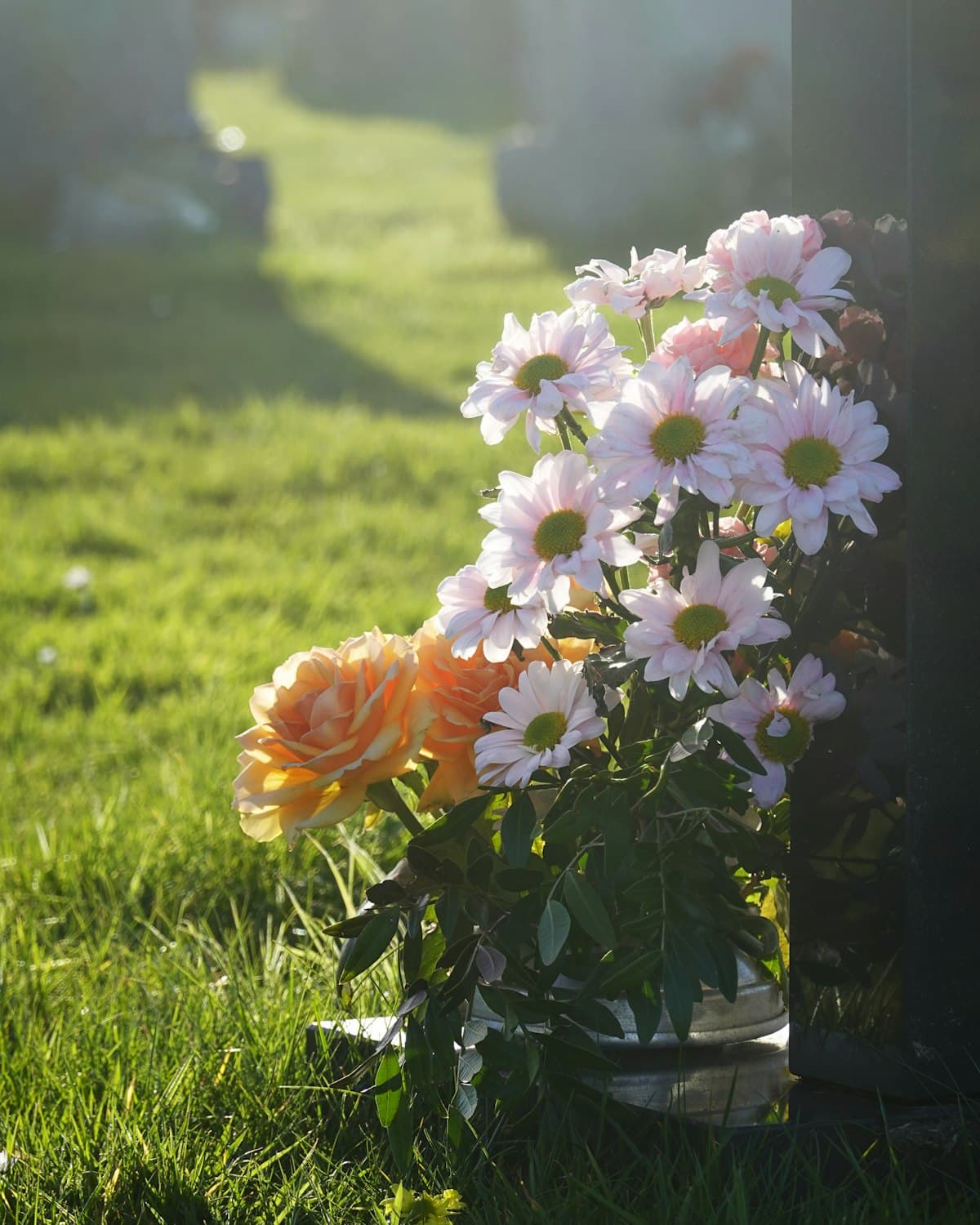 Bouquet de chrysanthèmes et de roses posé au pied d'une stèle, dans la lumière du soir.